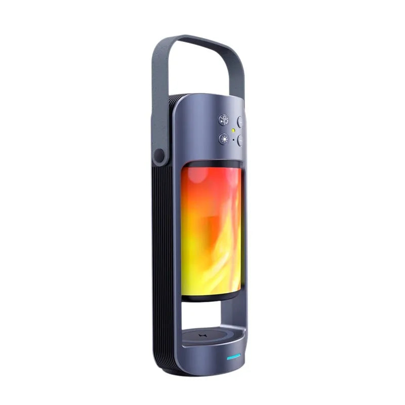 Portable Bluetooth speaker with orange dancing flame light on top, showing wireless charging pad and control buttons.