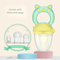 Silicone baby teether with textured chewing surfaces in blue, green and pink colour options
