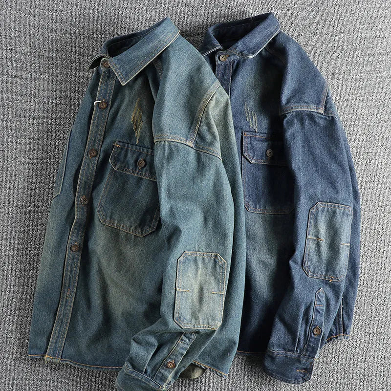 Men's light blue vintage denim shirt with loose fit and long sleeves