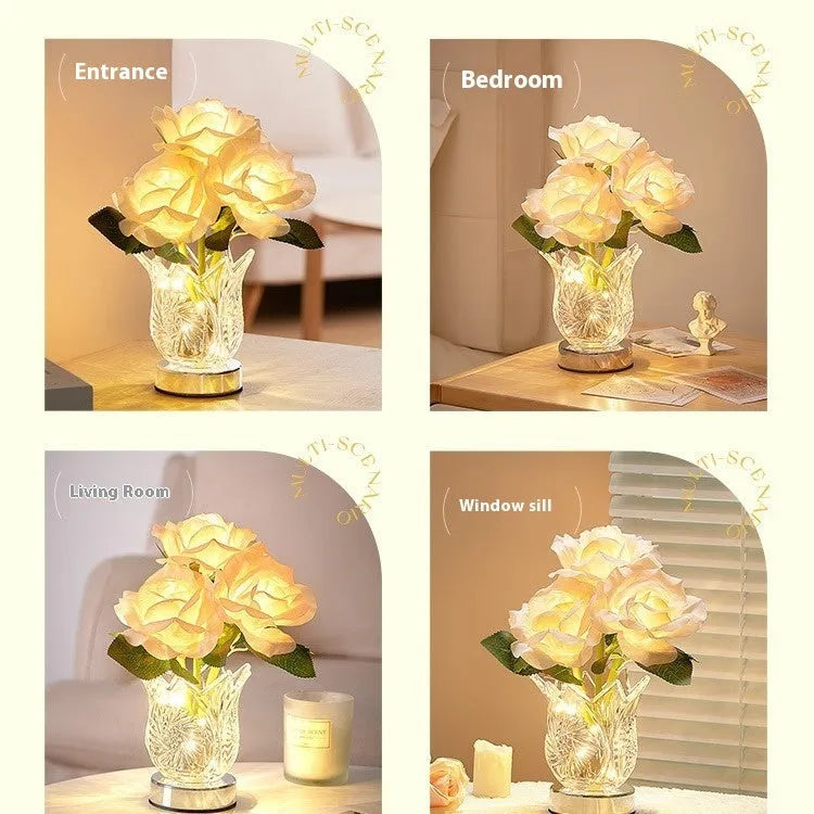 Crystal flowers table lamp with touch dimming control on bedside table