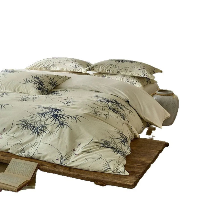 Cotton and linen yarn-dyed printed bed sheet set with plants and flowers pattern in beige, four-piece double bedding
