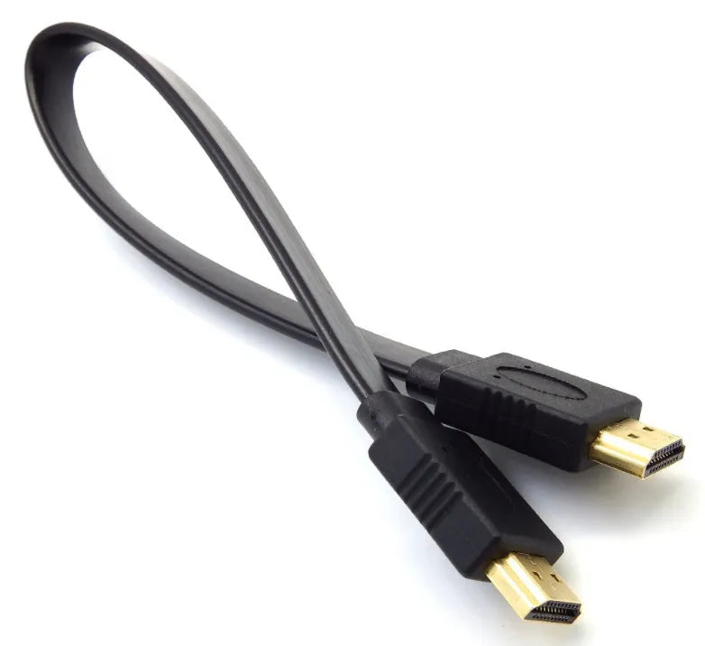 Flat HDMI cable version 1.4 with copper wiring showing connector detail