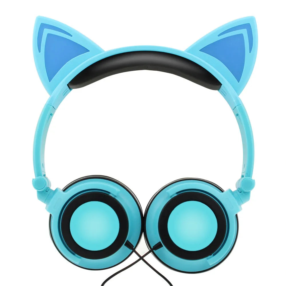 Colourful LED cat ear headphones showing illuminated ears and cushions on a black background