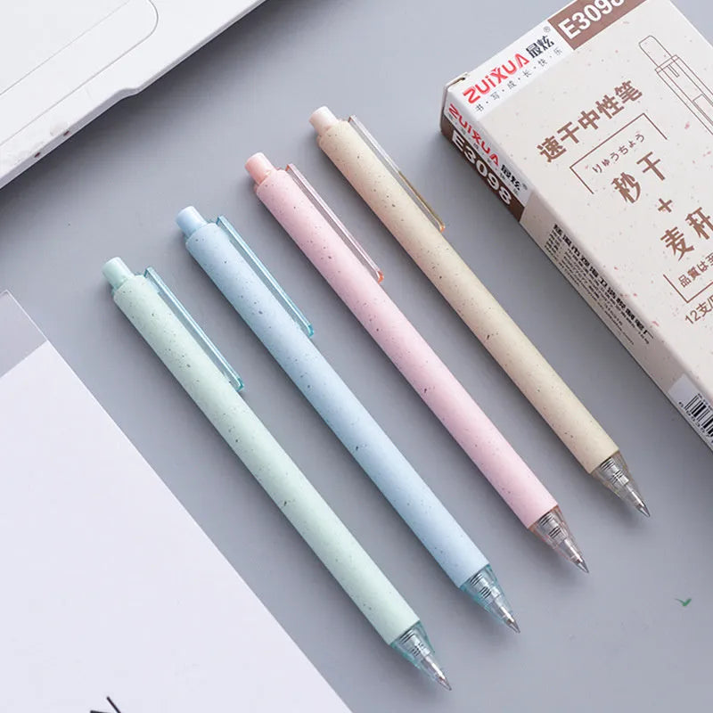 Set of 12 student gel pens with 0.5mm quick-drying refills in four colours with push-button design