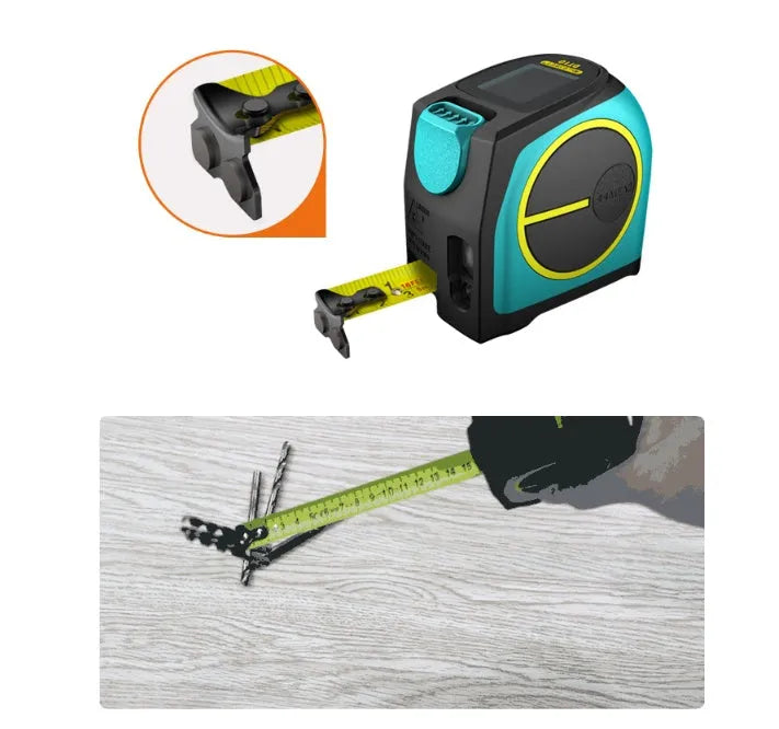 2-in-1 laser tape measure tool with 5m nylon coated blade and magnetic hook on a metal surface