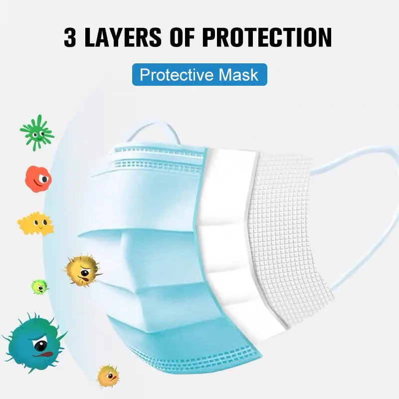 Disposable 3-ply blue medical surgical face mask with ear loops, non-woven material