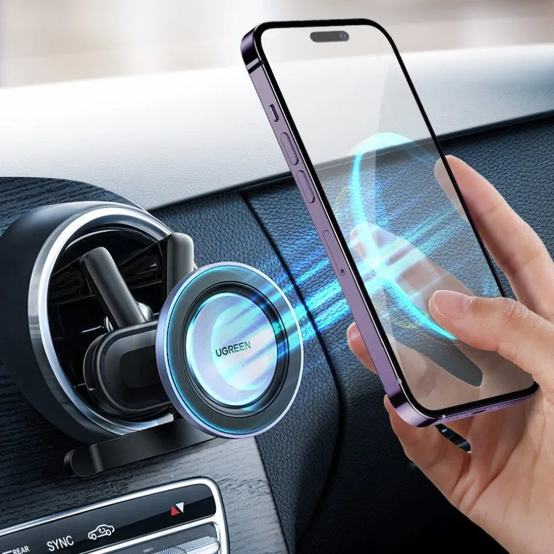 Black magnetic suction mobile phone holder with N52 neodymium magnet, aluminium alloy and silicone construction, for iPhone 12-14