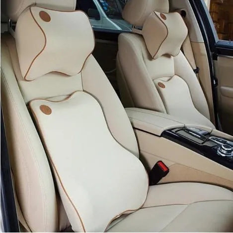 Car memory foam cushion set with 3D headrest and lumbar support, polyester cover, colour options beige black gray red