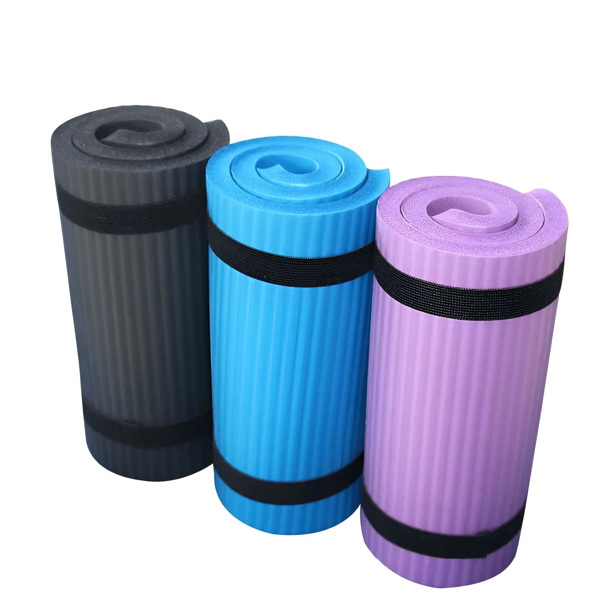 15mm thick EVA NBR yoga mat in black, blue, and purple colour options, 60x25x1.5cm, on a wooden floor