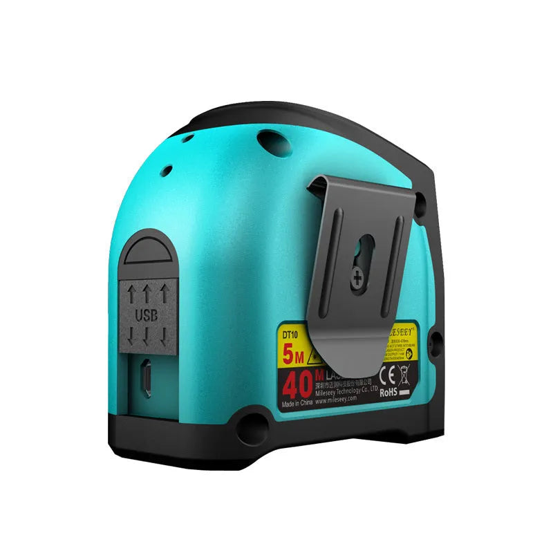 2-in-1 laser tape measure tool with 5m nylon coated blade and magnetic hook on a metal surface