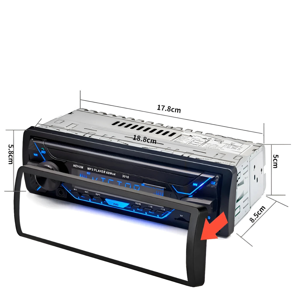 Single DIN car stereo with LCD display, USB port, and control buttons for Bluetooth and MP3 playback.