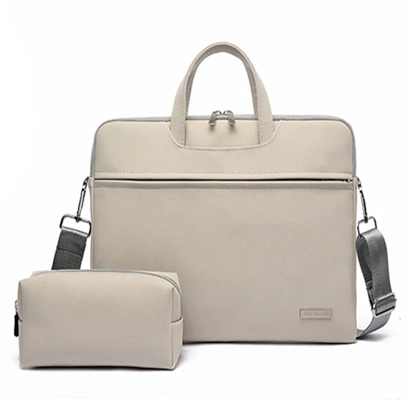 PU leather laptop bag in Black on a table, with zipper closure and removable shoulder strap