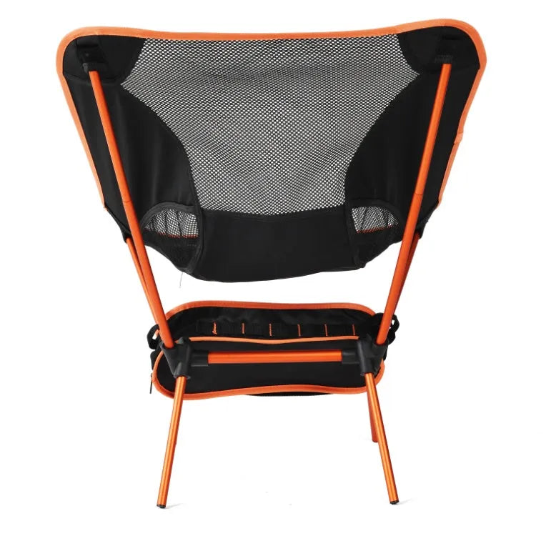 Portable folding camping chair with aluminium alloy frame, oxford cloth, nylon mesh back, and storage bag