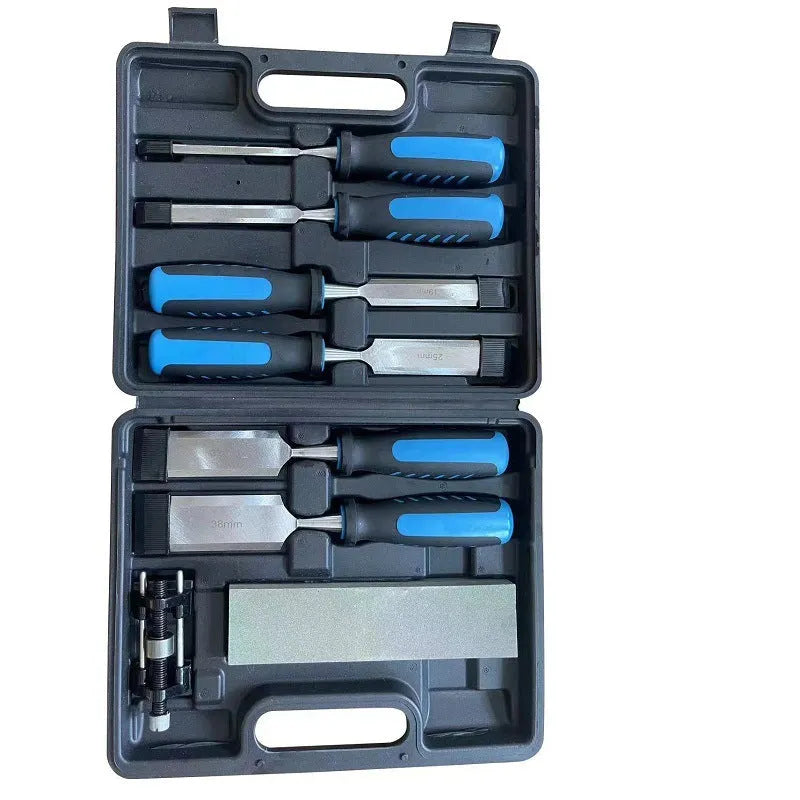 8-piece wood chisel set with blue finish including sharpening stone