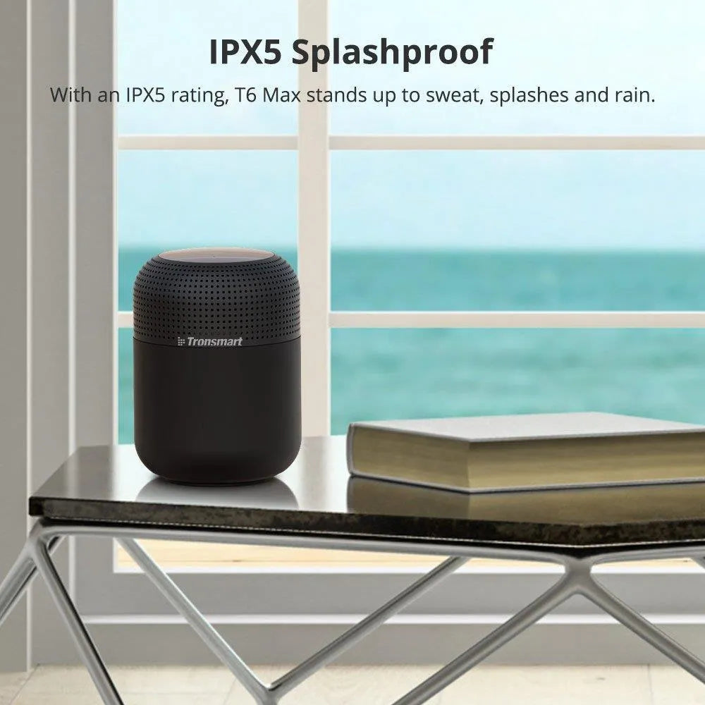 Tronsmart T6 Max Bluetooth speaker in black with IPX7 waterproof design and bass radiator