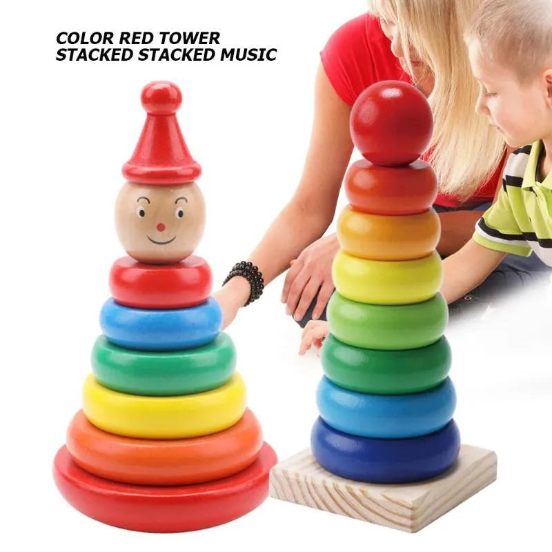 Wooden Rainbow Tower stacked circle tumbler toy for baby early education, 7.5x9x9 cm