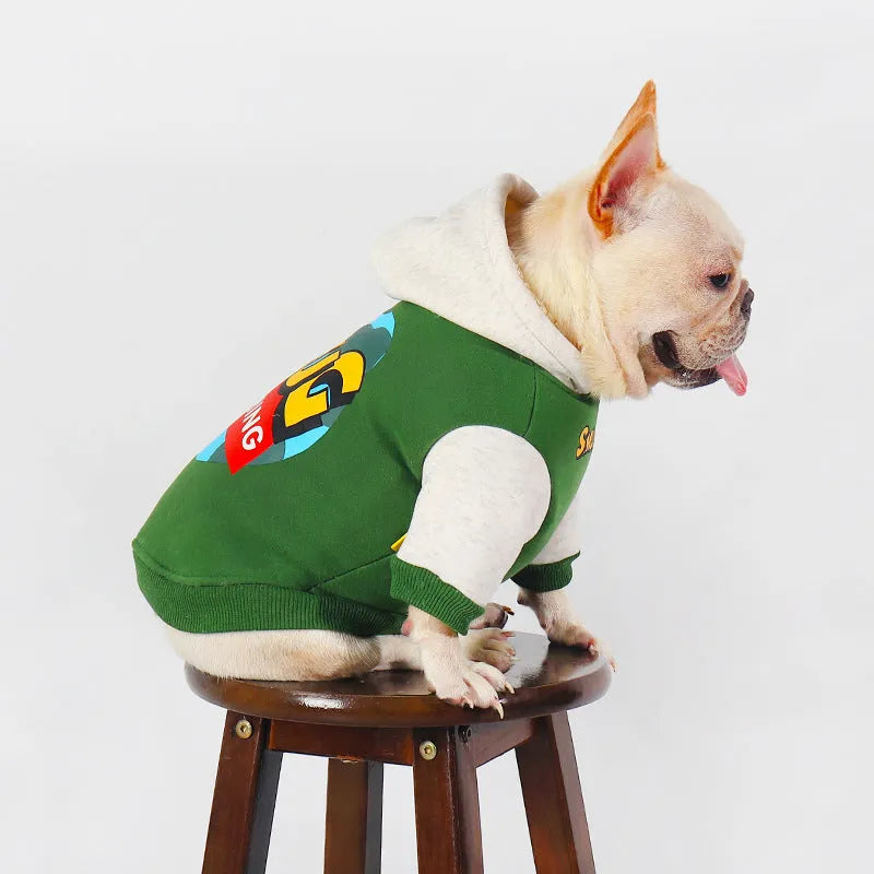 Green branded cotton dog jumper for medium to large dogs in autumn and winter.
