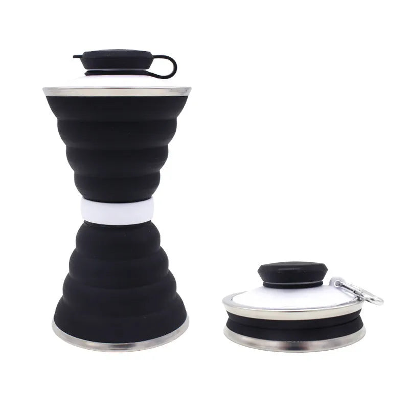 500ml silicone collapsible water bottle cup shown both expanded and folded with stainless steel rim