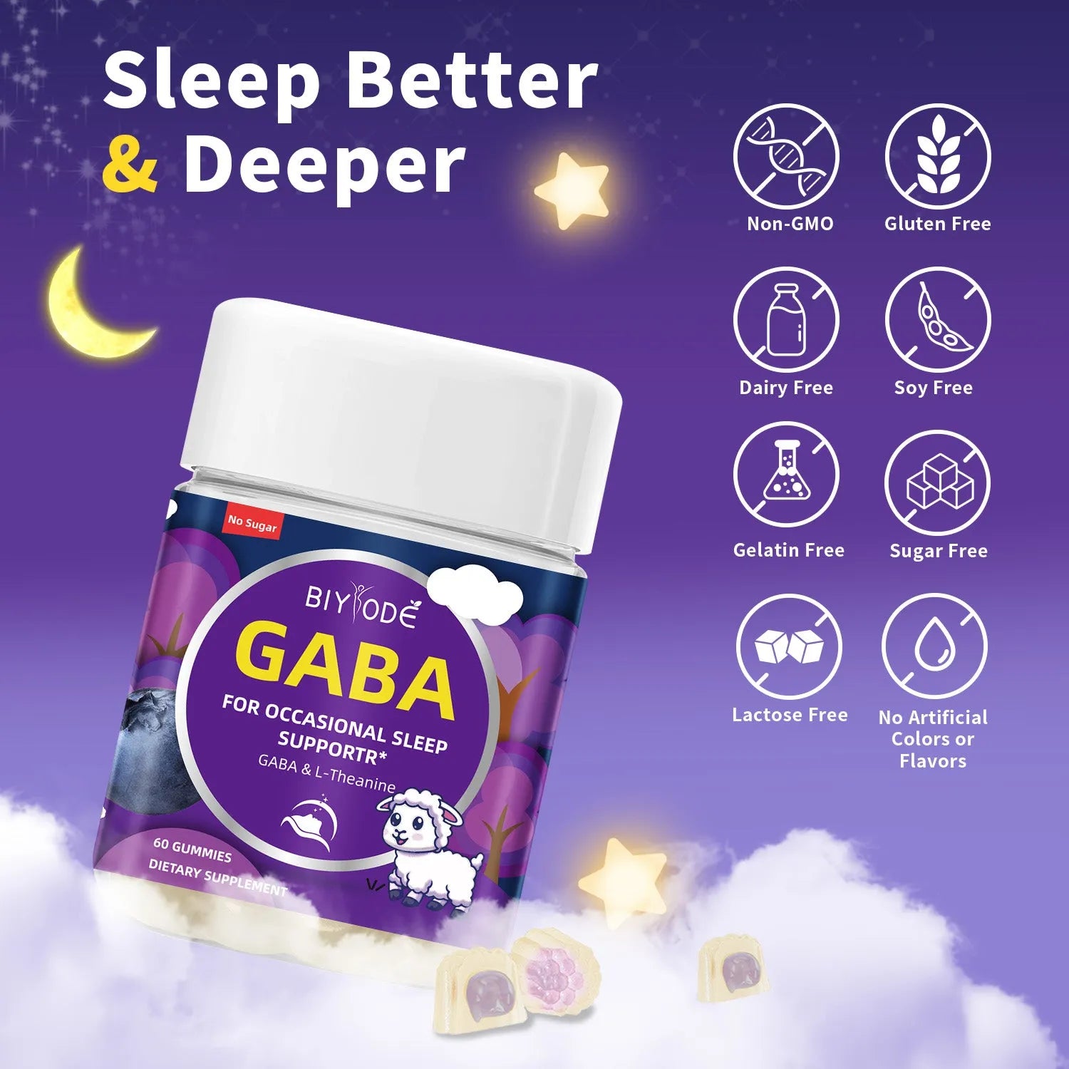 Biyode Sleep Support Gummies bottle with 60 gummies, original flavour, GABA and L-Theanine supplement for adult sleep support