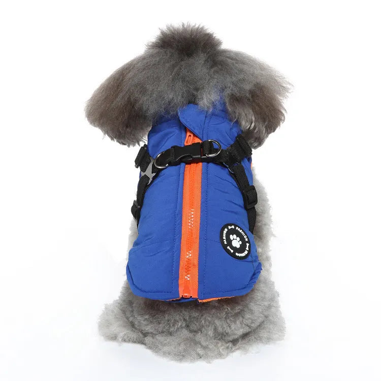 Chest strap padded dog jacket in polyester available in multiple sizes and colours