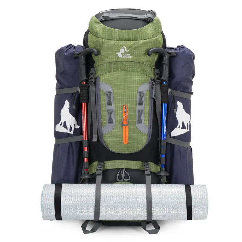 Men's outdoor hiking bag 80L with reflective strips and SOS whistle in army green