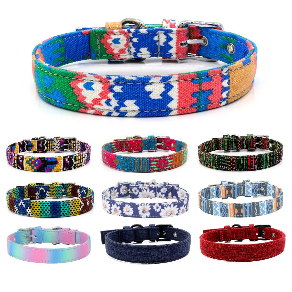 Double layer canvas dog collar with light-reflecting fabric, colourful design, sizes XS to L