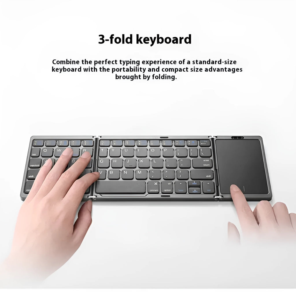 Three-folding wireless Bluetooth keyboard with touch pad in black on white background