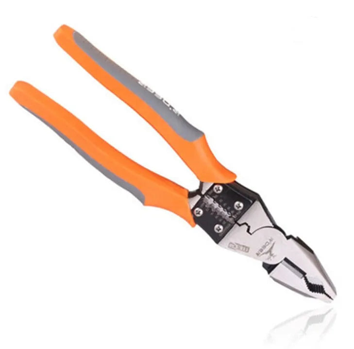 Orange-handled multi-function wire cutter pliers with chrome steel clamp head on a work surface.