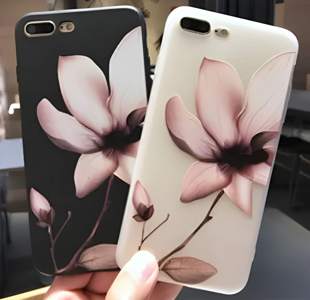 Embossed iPhone case with flower design in black TPU material showing textured back surface