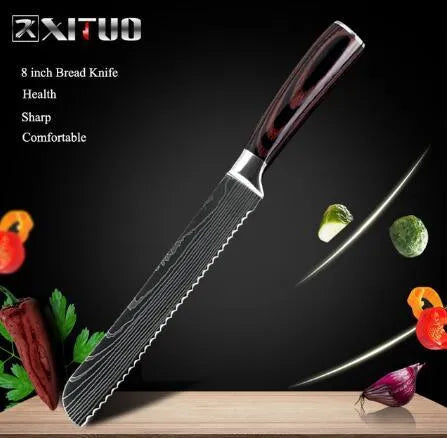 7Cr17 stainless steel kitchen knife with Damascus pattern blade and coloured wood handle on a cutting board.