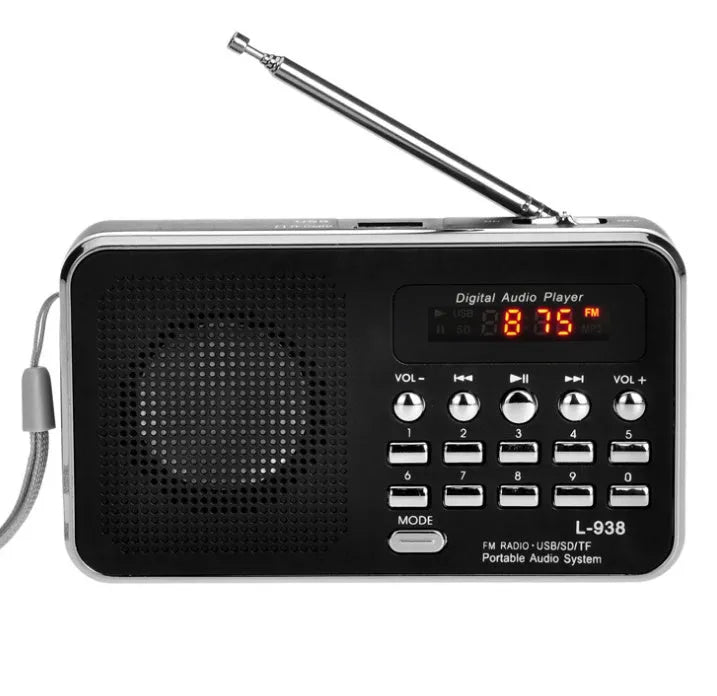 L-938 plugin MP3 speaker in white with button controls and USB interface