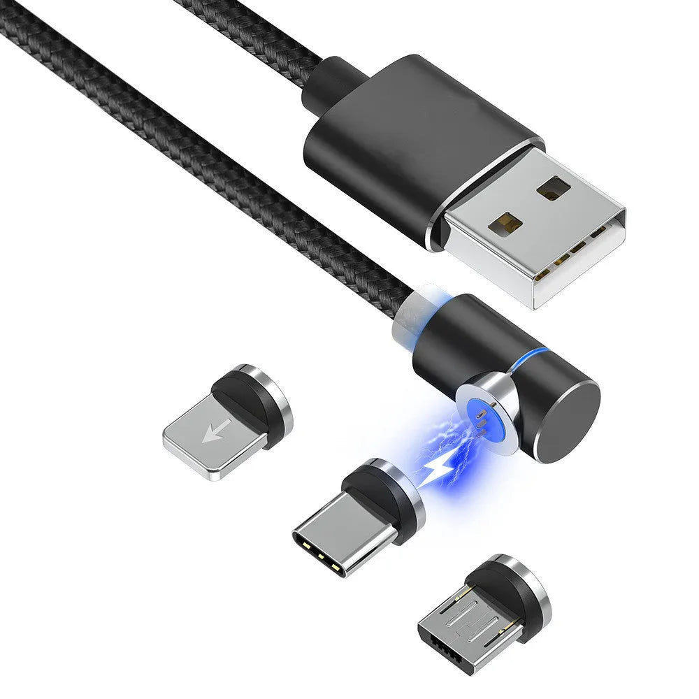 Magnetic LED charging cable with 90-degree rotating connector, aluminium alloy housing, 1 metre, black