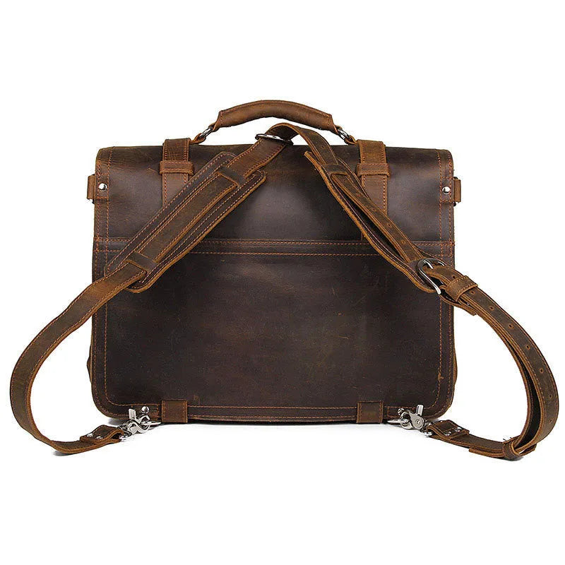 Crazy Horse leather tote bag in brown black, horizontal square shape, 42cm long