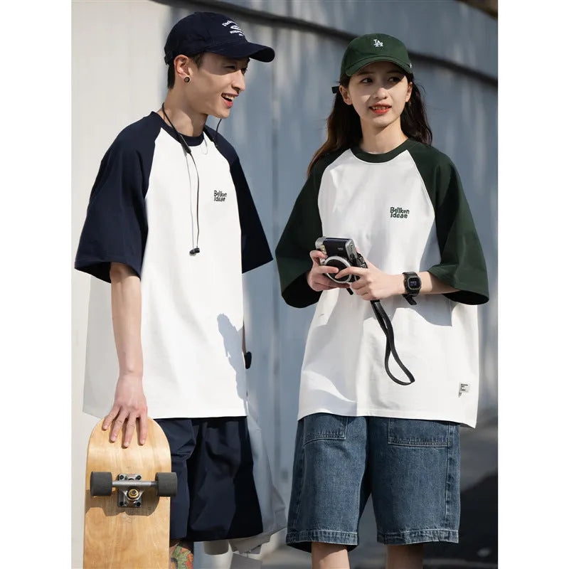 Casual blue raglan sleeve t-shirt with loose pullover style for men