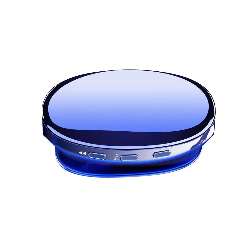 Blue Bluetooth MP4 music player with OLED screen showing track info, beside headphones.
