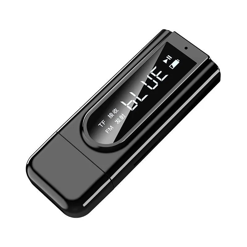 Matte black USB car FM Bluetooth receiver plugged into a 12V socket, showing its USB port and AUX input.