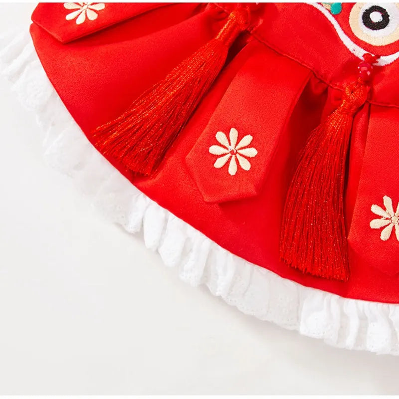 Red Lion Dance pet Tang suit with embroidery for dogs and cats, cotton-padded, sizes S to XXL