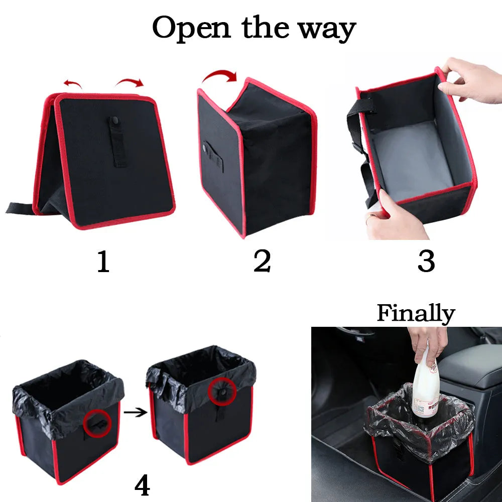 Foldable black Oxford car wastebasket with adjustable strap held on red seat headrest