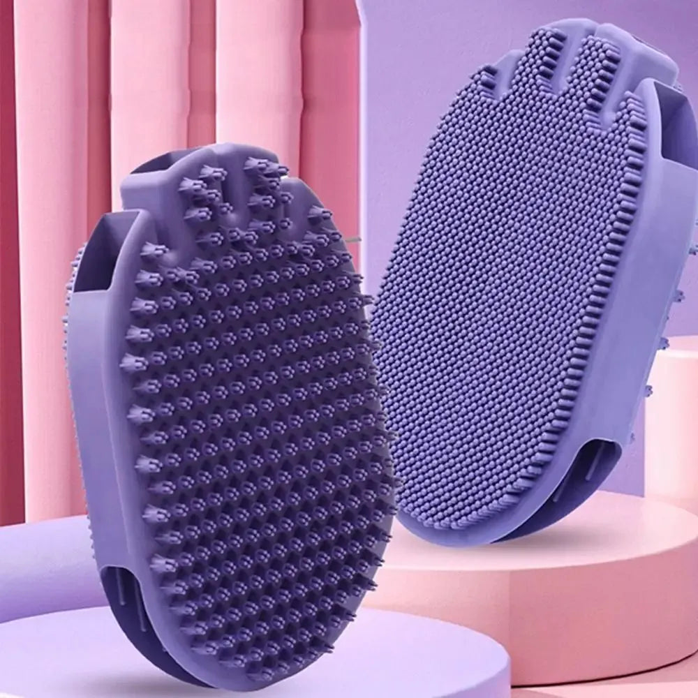 Purple dual-sided pet shampoo brush with soft TPR bristles and ergonomic handle for dog and cat grooming