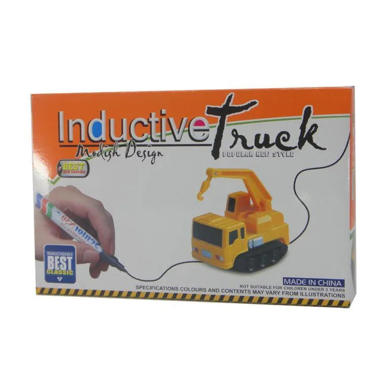 Mini plastic inductive toy truck with optical sensor following a black line on white paper, batteries and marker pen included