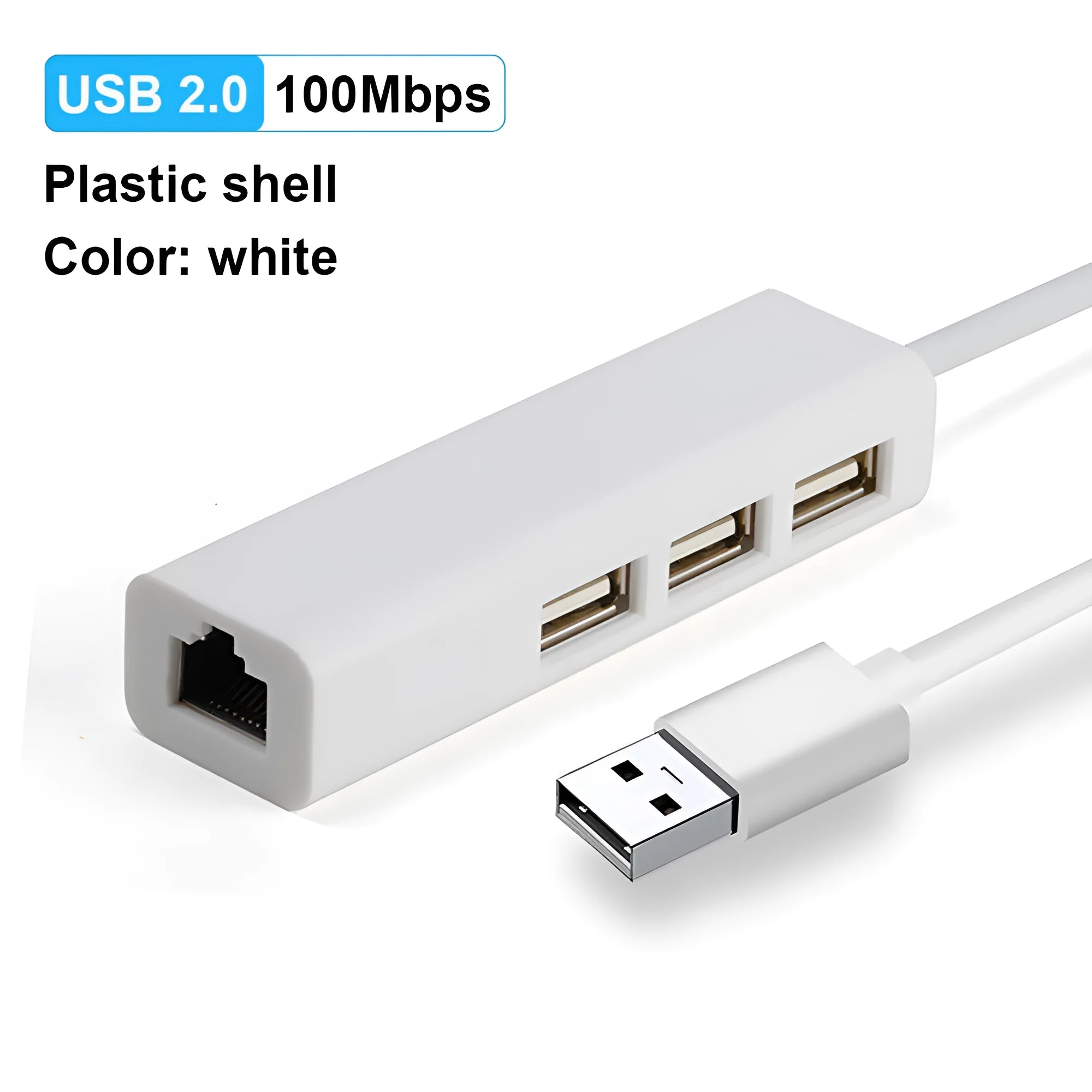 USB to Ethernet adapter with 3-port USB hub and RJ-45 LAN port in grey plastic casing