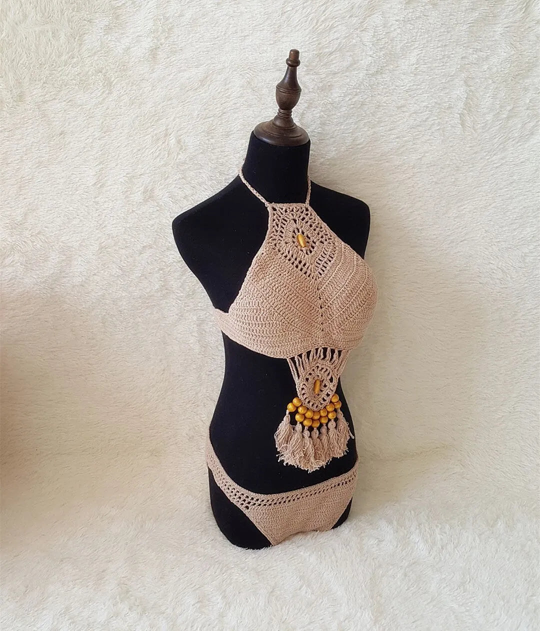 Women's crochet tassel bikini set in black, khaki, and white with tassel details, beachwear