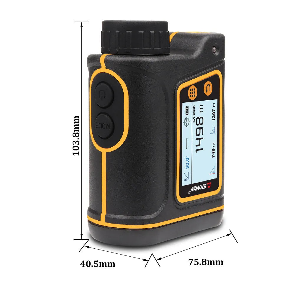 Handheld golf rangefinder distance measurer showing compact design with measurement display
