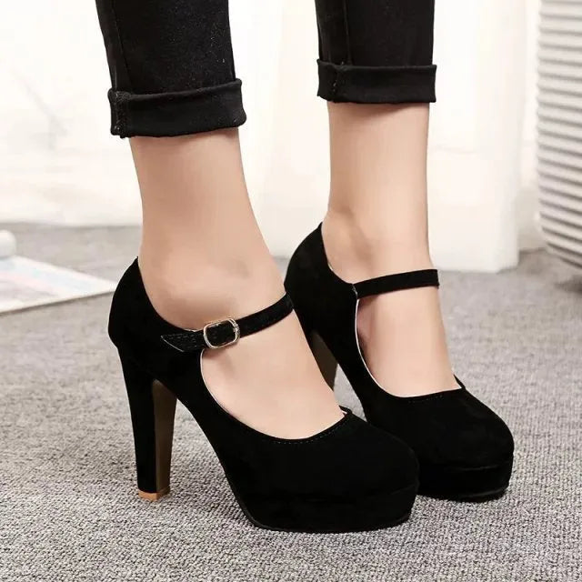 Black buckle Mary Jane high heel shoes with chunky heel and rubber sole, super high heel above 8cm