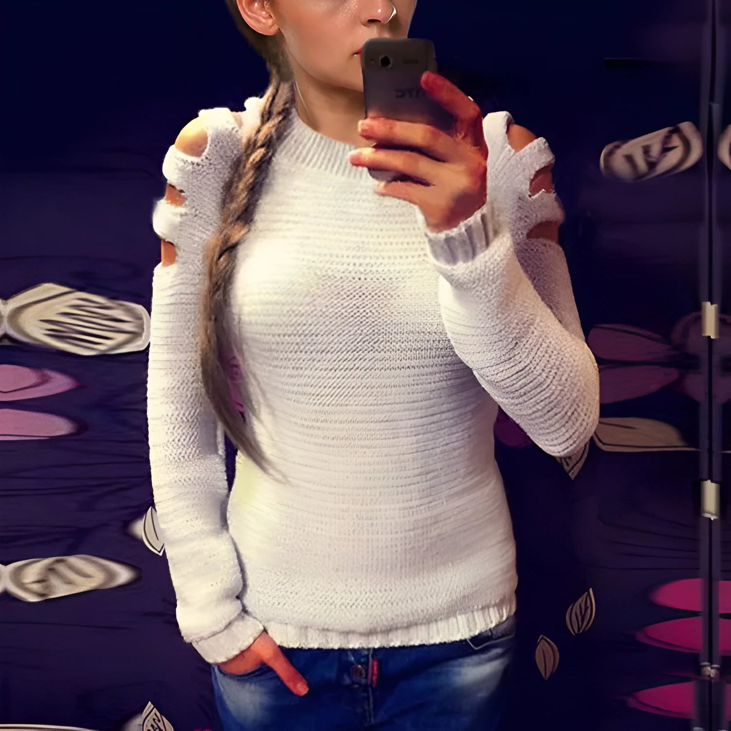 Grey women's long-sleeved knit shirt with round neck and hollow-out crochet pattern detail.