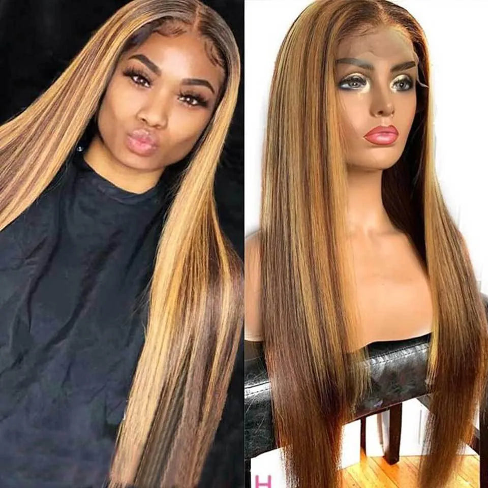 Front lace human hair headgear wig in 4/27 colour with T-shaped hand-woven base, 150 density, 16 inch length