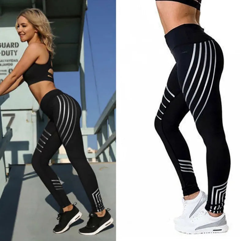 Women's black workout leggings with night glowing print pattern in pencil pants style