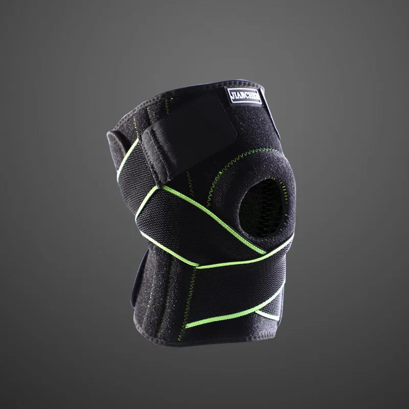 Outdoor sports compression knee pad made of OK cloth and Lycra with metal springs and magic buckle in black