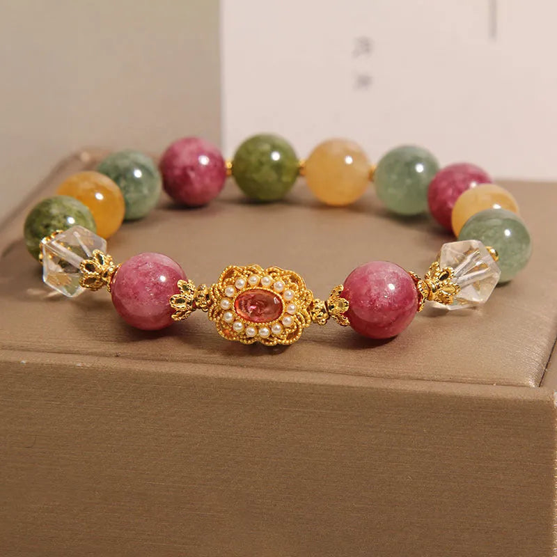 Jade colour tourmaline round bead bracelet for women on Pearl Crystal and alloy base with rhinestones.