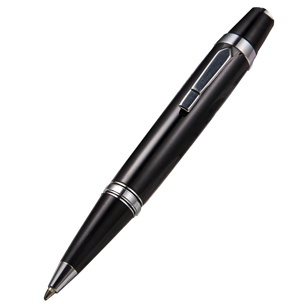 Short black metal ballpoint pen with rotating mechanism showing 112mm length and 12.5mm diameter